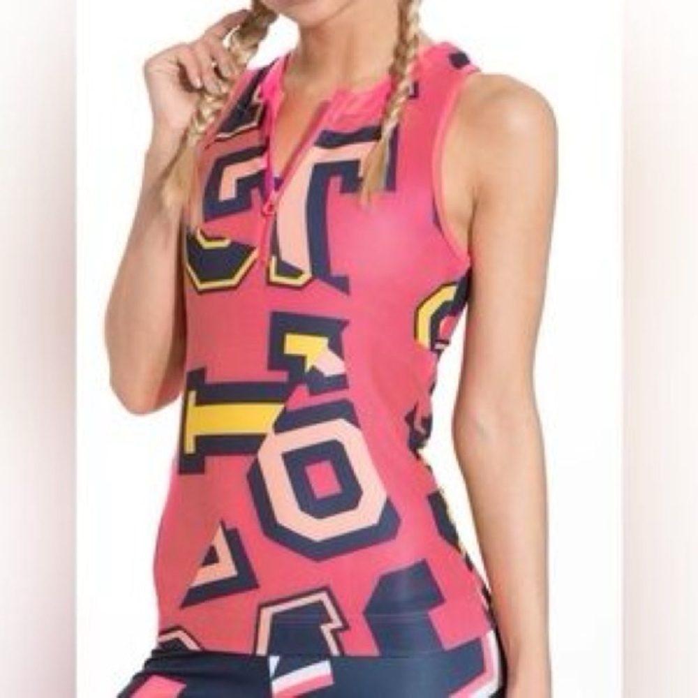 Adidas By Stella McCartney Sz L Colorful Letters Pink Athletic Athleisure Top